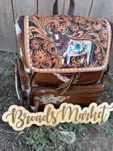 Load image into Gallery viewer, Longhorn Turquoise Cowhide Tooled Backpack