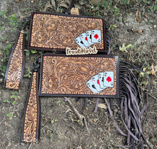 Load image into Gallery viewer, Tooled Leather Vegas Cards Wristlet Fringe Wallet Purse