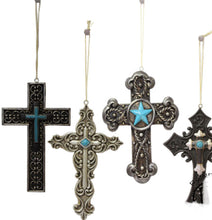 Load image into Gallery viewer, Set of 4 Black & Turquoise Cross Ornaments RA7127