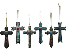 Load image into Gallery viewer, Set of 6 Turquoise Western Cross Ornaments RA6257