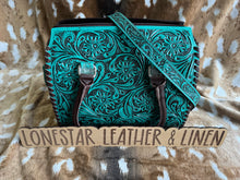 Load image into Gallery viewer, Jody Turquoise Tooled Cowhide Speedy Crossbody Purse