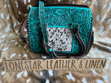 Load image into Gallery viewer, Jody Turquoise Tooled Cowhide Speedy Crossbody Purse