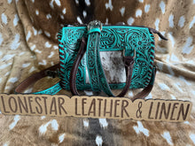 Load image into Gallery viewer, Jody Turquoise Tooled Cowhide Speedy Crossbody Purse