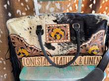 Load image into Gallery viewer, Black Leather Sunflower Tooled Leather Duffle Overnight Bag