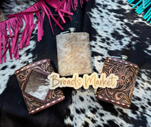 Load image into Gallery viewer, Cowhide &amp; Tooled Leather Flasks
