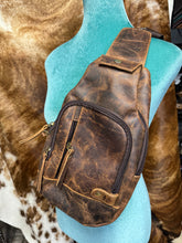 Load image into Gallery viewer, Cowhide &amp; Distressed Leather Bum Sling Backpack
