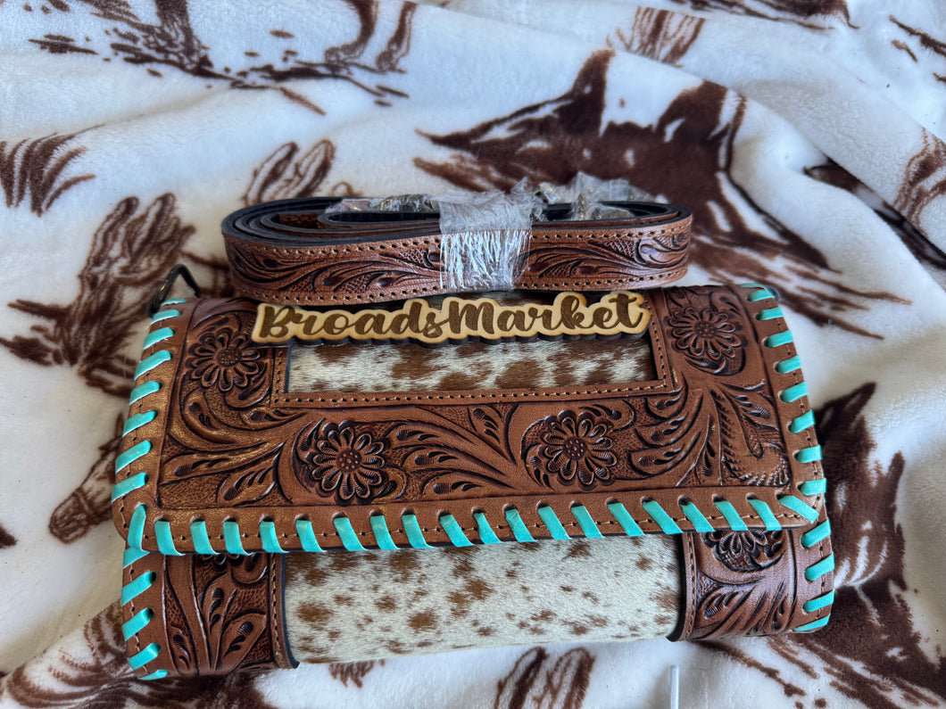 Turquoise Stitched Cowhide Tooled Leather Purse Wallet