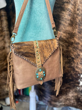 Load image into Gallery viewer, Turquoise Stone Cowhide Tooled Crossbody Purse
