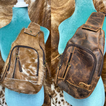 Load image into Gallery viewer, Cowhide &amp; Distressed Leather Bum Sling Backpack
