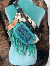 Load image into Gallery viewer, Turquoise Fringe Cowhide Fanny Sling Bag
