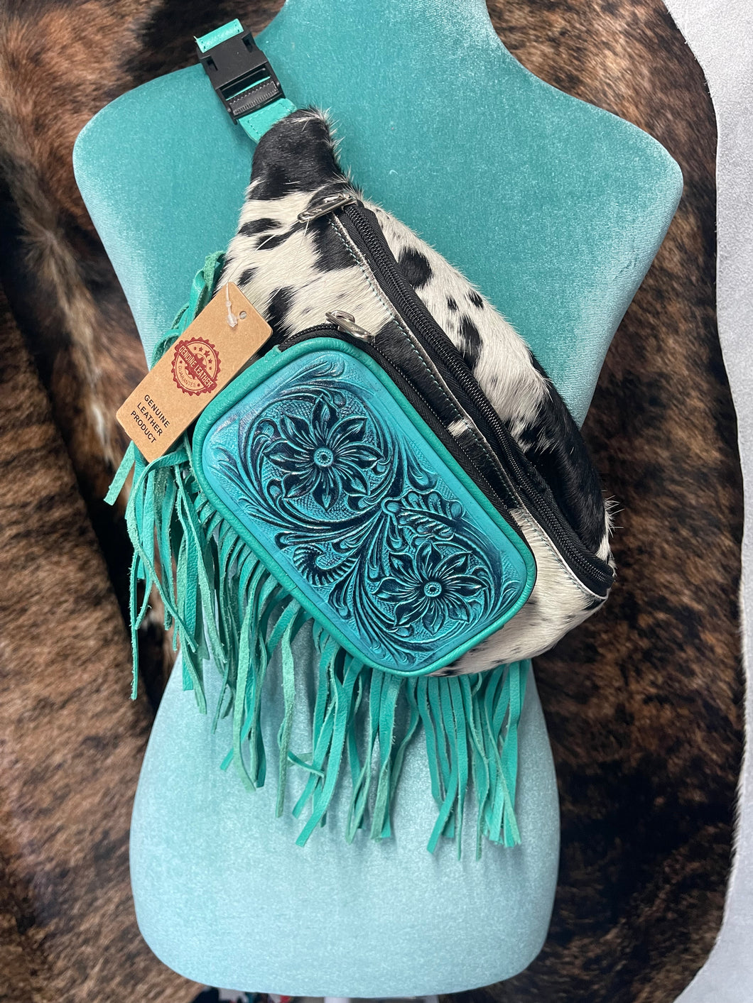 Turquoise Fringe Cowhide Fanny Sling Bag