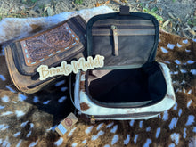 Load image into Gallery viewer, Tooled Cowhide &amp; Leather Cosmetic Hanging Travel Cases
