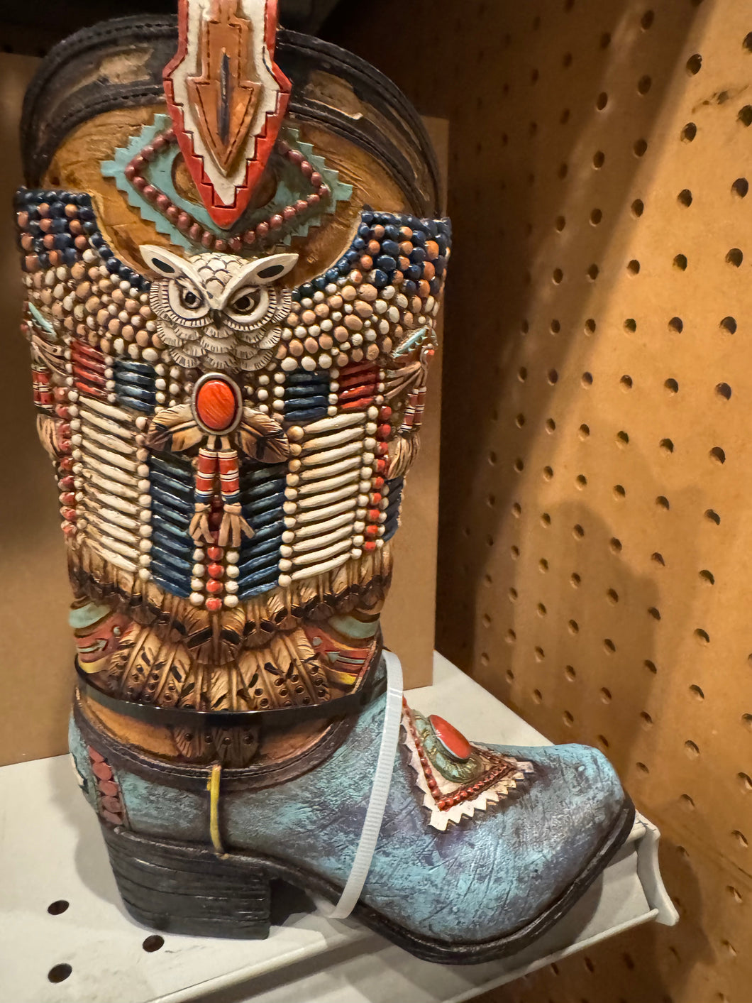 Native Owl Beaded Boot Vase