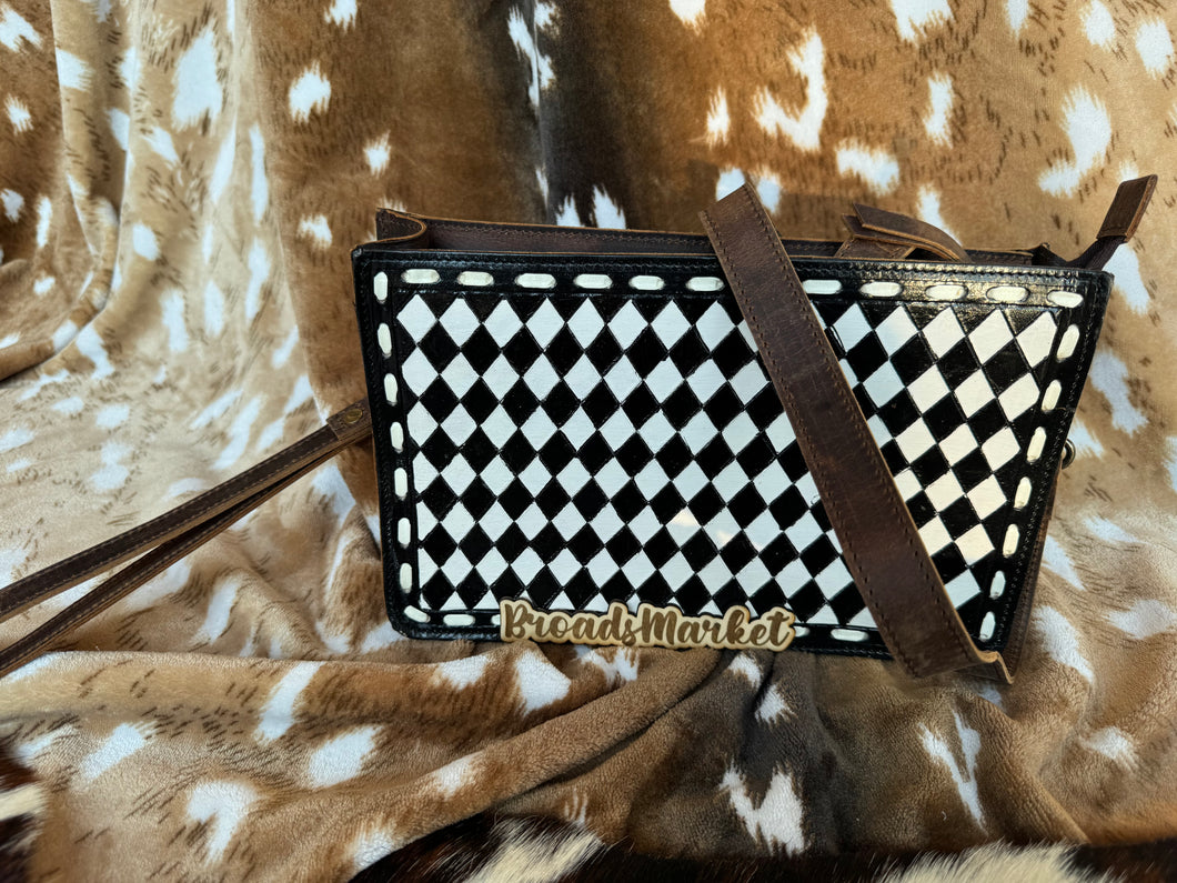 Checkered Leather Crossbody & Wristlet Puse