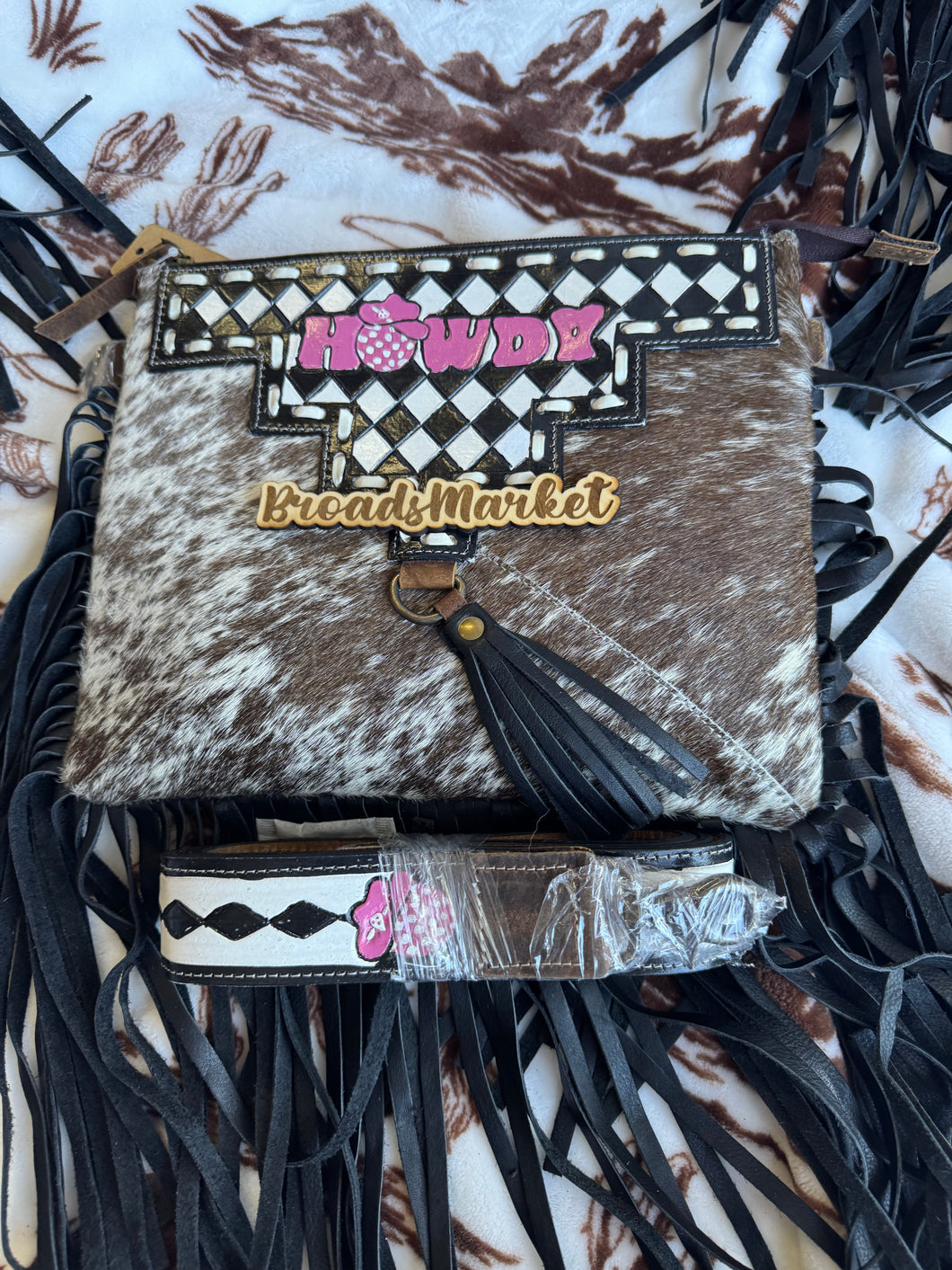 Checkered Pink Howdy Fringe Purse