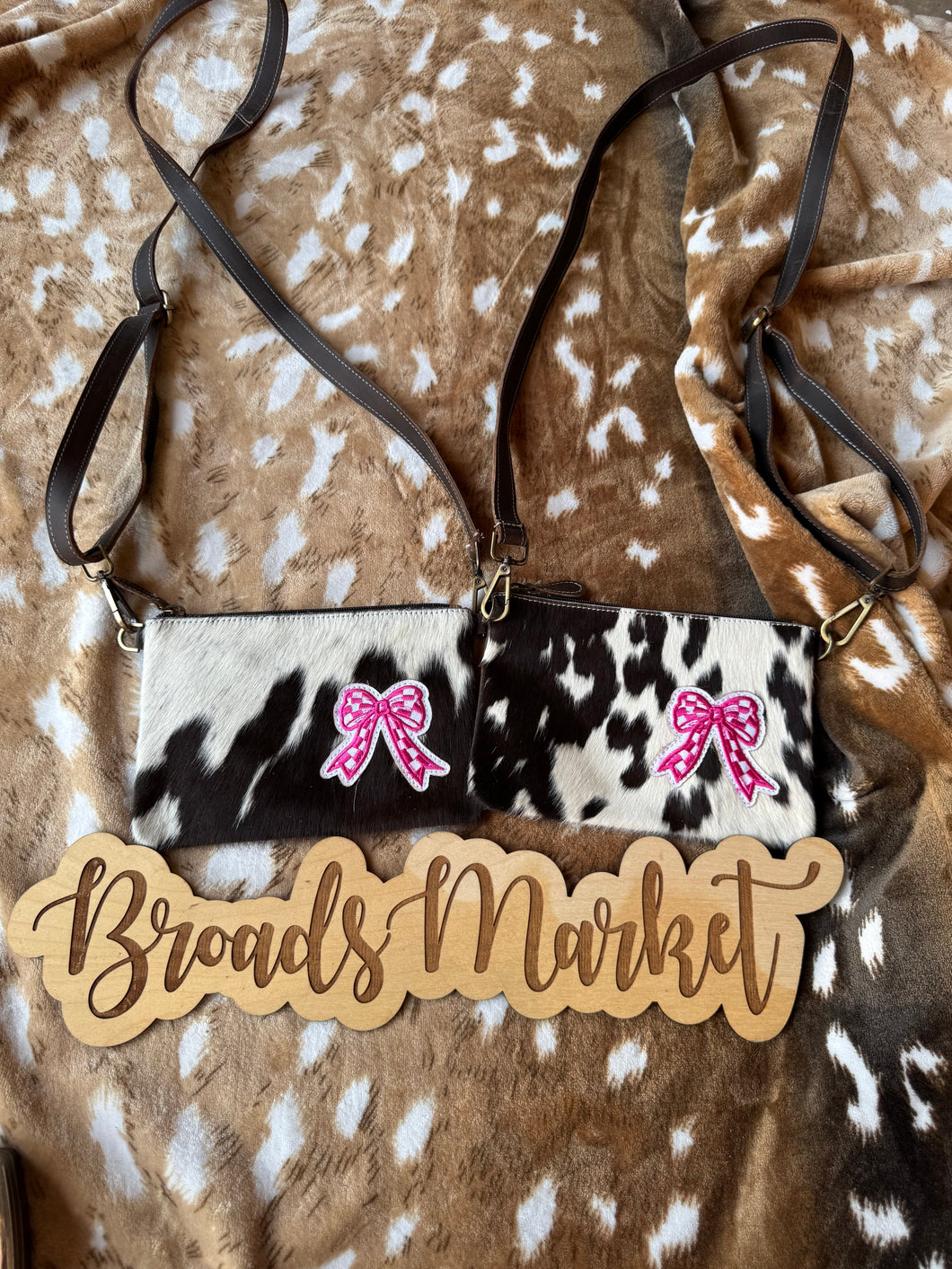 Pink Checkered Bow Cowhide Crossbody Purses