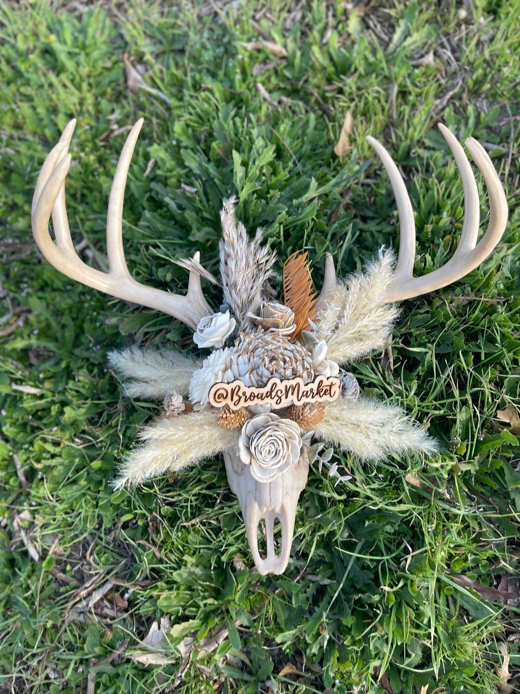 Floral Wood Buckhorn Skull