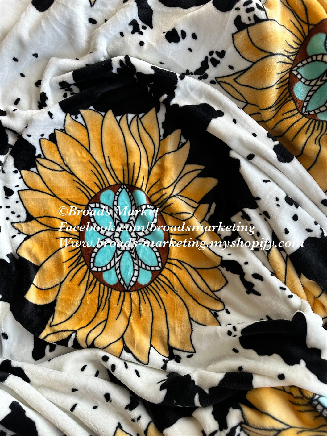 Twin Turquoise Stone Sunflower Cow Print Blanket