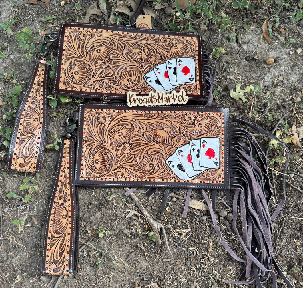 Tooled Leather Vegas Cards Wristlet Fringe Wallet Purse