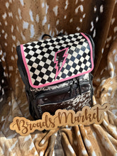 Load image into Gallery viewer, Pink Lightening Bolt Checkered Cowhide Backpack
