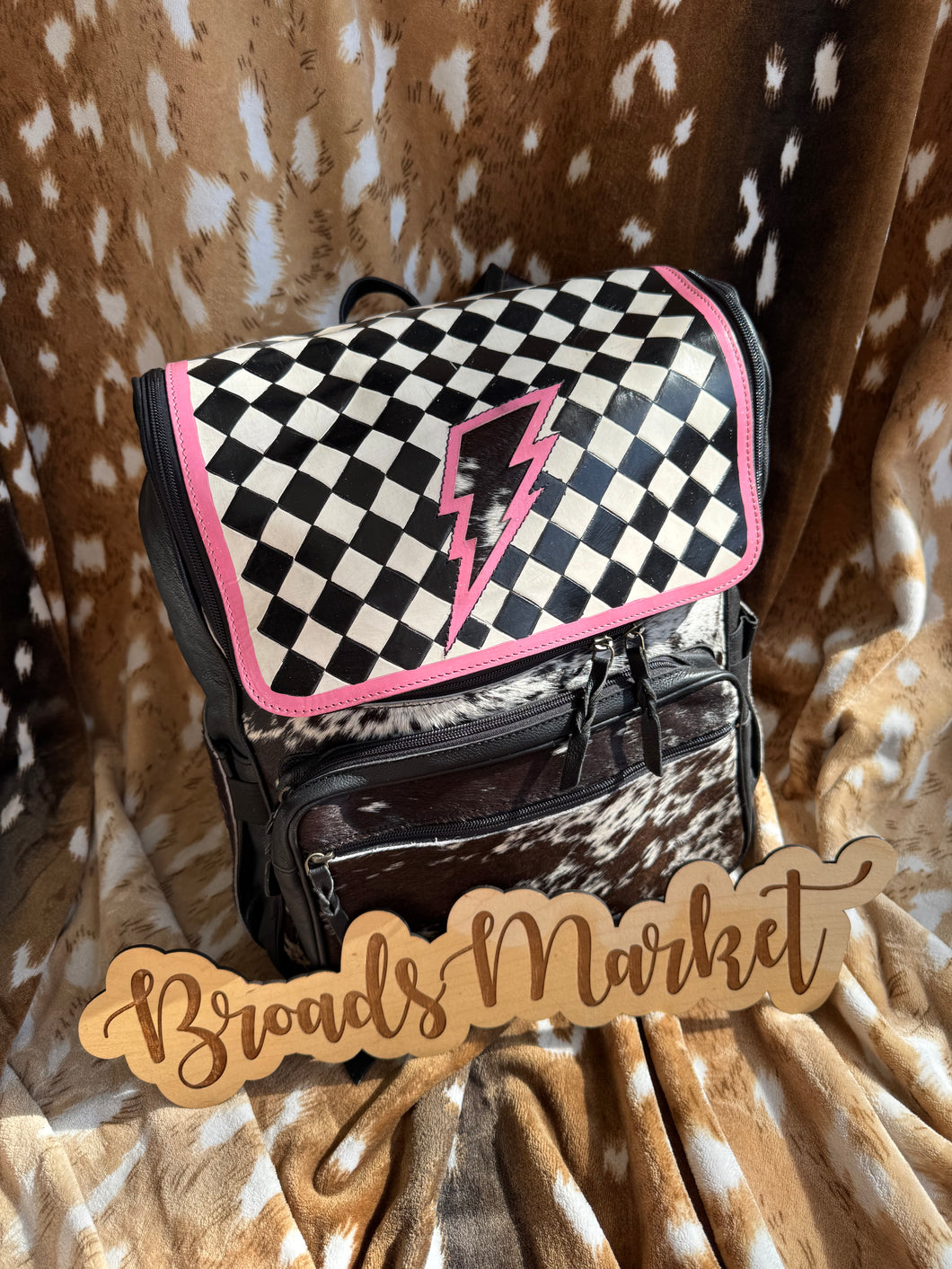 Pink Lightening Bolt Checkered Cowhide Backpack