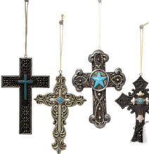 Load image into Gallery viewer, Set of 4 Black &amp; Turquoise Cross Ornaments RA7127
