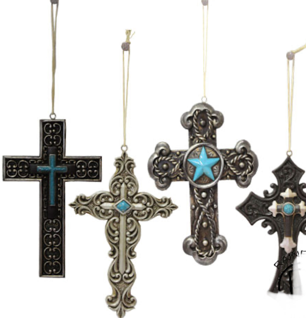 Set of 4 Black & Turquoise Cross Ornaments RA7127