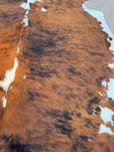 Load image into Gallery viewer, Brindle Tricolor Cowhide Rug 84x75” B123
