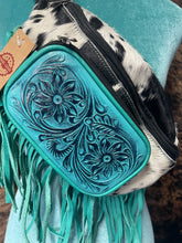 Load image into Gallery viewer, Turquoise Fringe Cowhide Fanny Sling Bag
