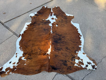 Load image into Gallery viewer, Brindle Tricolor Cowhide Rug 84x75” B123
