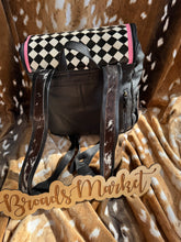 Load image into Gallery viewer, Pink Lightening Bolt Checkered Cowhide Backpack
