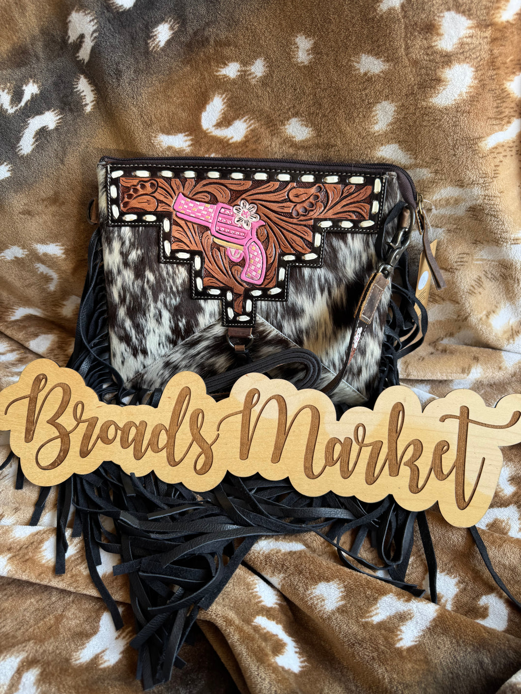 Patsy Pink Pistol Tooled Cowhide Crossbody Fringe Purse