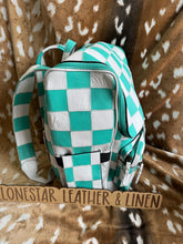 Load image into Gallery viewer, Teal &amp; White Checkered Leather Backpack
