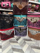 Load image into Gallery viewer, Cowhide &amp; Tooled Leather Cosmetic Jewelry Travel Cases
