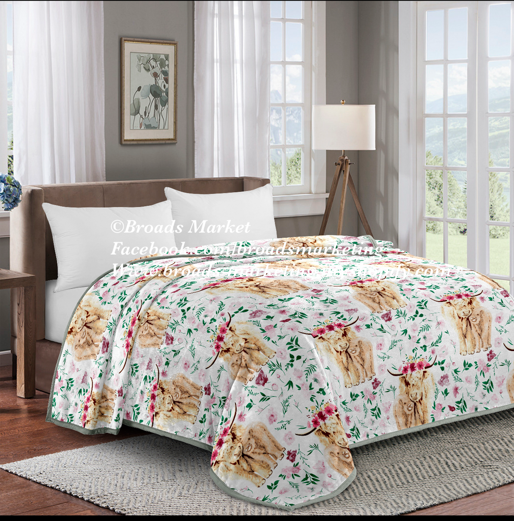 Highland Cow Summer Floral Super Plush Blanket