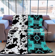 Load image into Gallery viewer, Reversible Turquoise Aztec &amp; Cow Super Plush King Blanket
