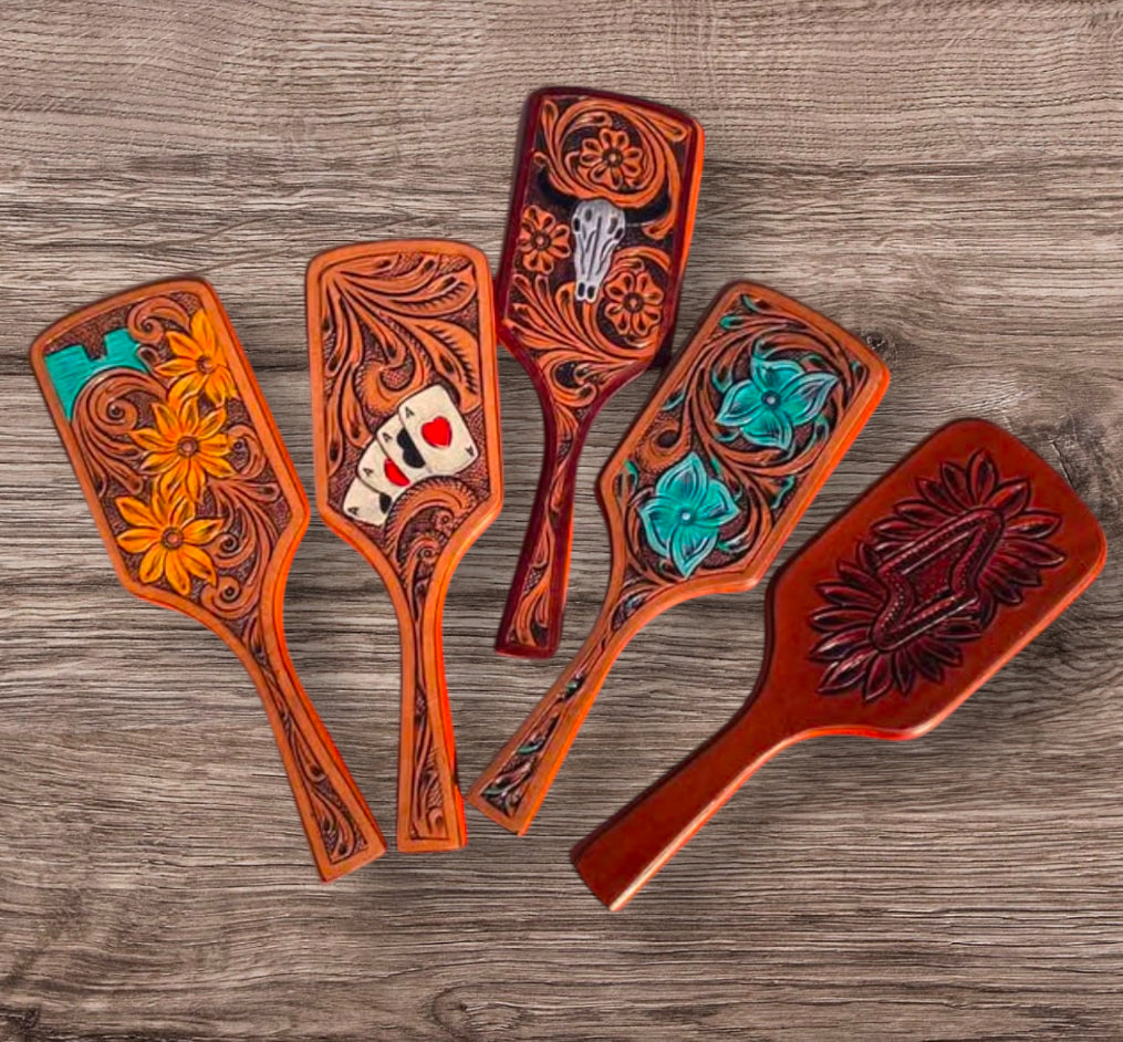 Tooled Leather Wooden Hairbrushes