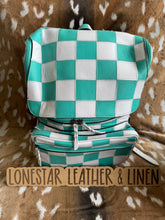 Load image into Gallery viewer, Teal &amp; White Checkered Leather Backpack
