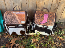 Load image into Gallery viewer, Tooled Leather Cowhide Highland Cow Pink Cowgirl Boot Backpacks
