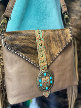 Load image into Gallery viewer, Turquoise Stone Cowhide Tooled Crossbody Purse
