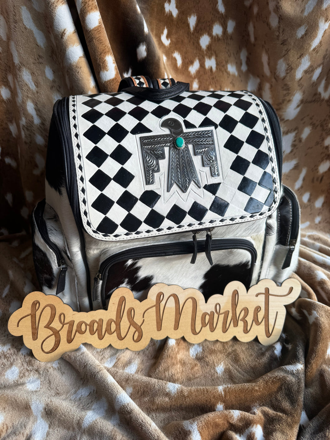 Checkered Silver Plated Thunderbird Cowhide Backpack