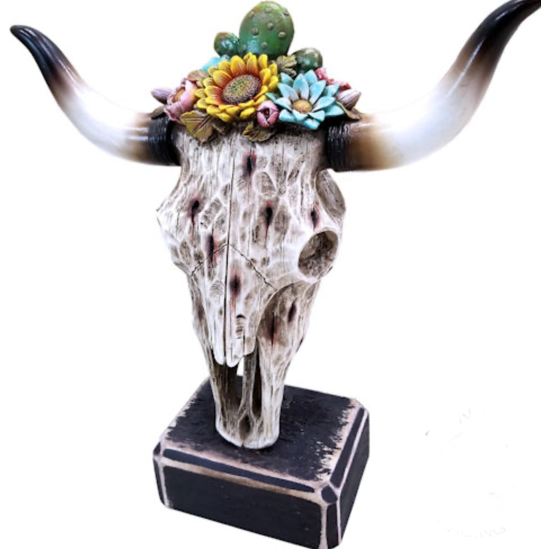 Sunflower Cactus Cowskull Statue