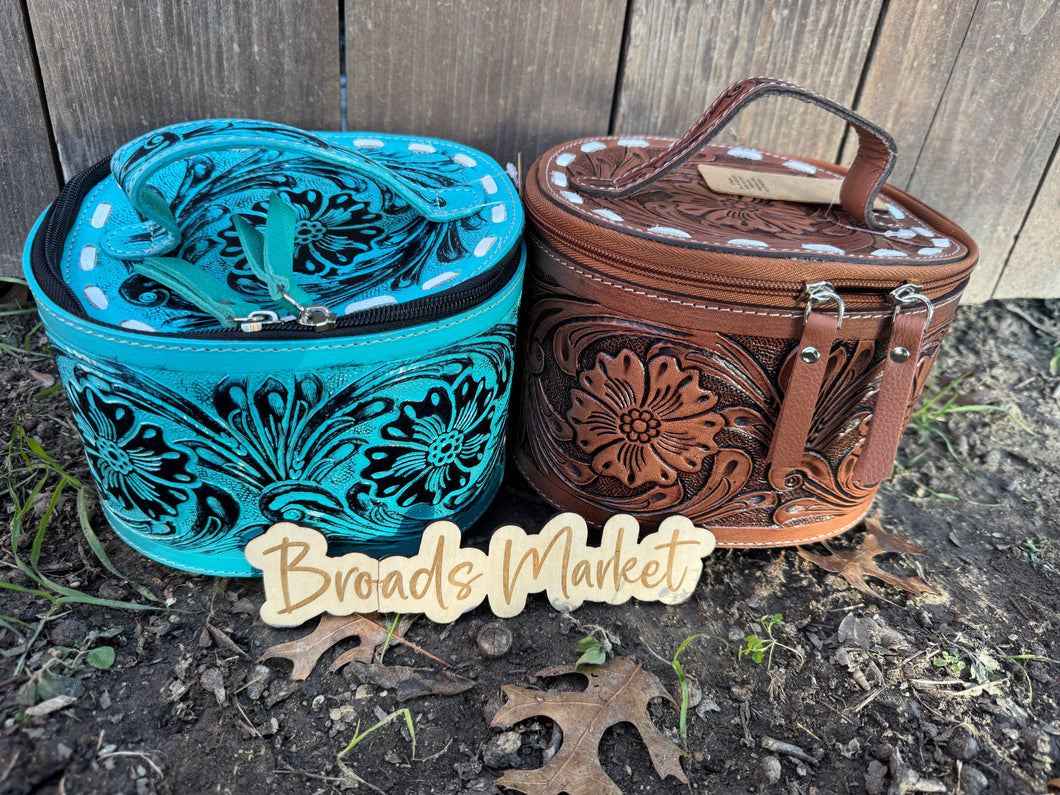 Tooled Leather Cosmetic Toiletry Case