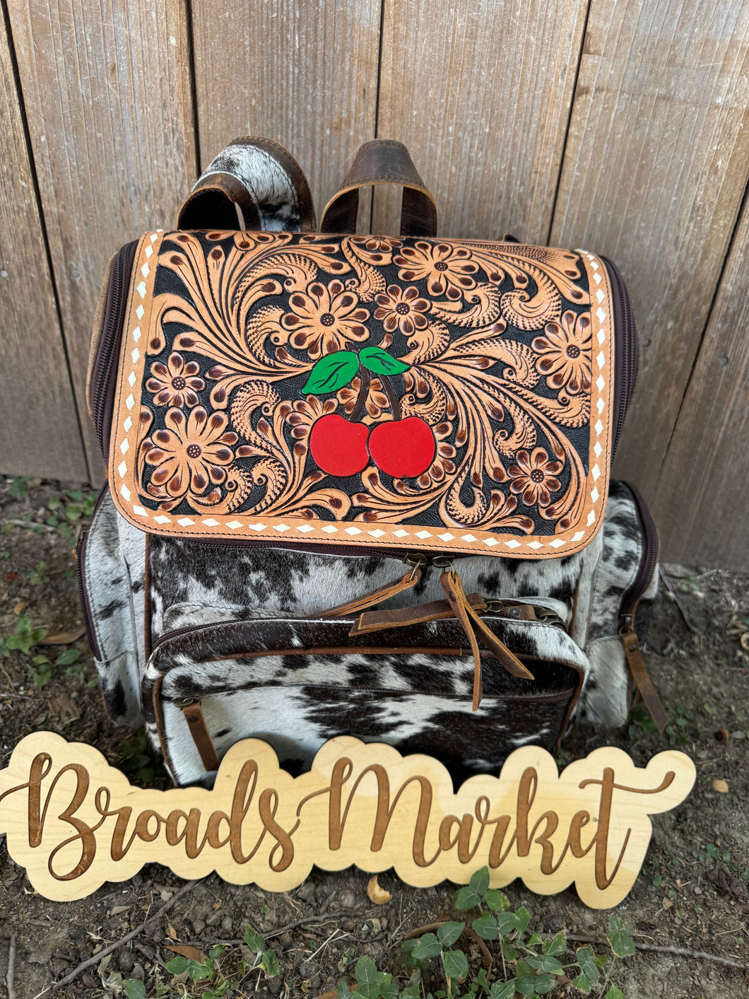 Cherry Cowhide Tooled Leather Backpack
