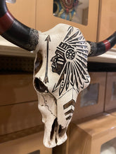 Load image into Gallery viewer, Black &amp; White Native Chief Cowskull Wall Decor
