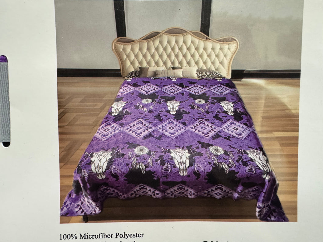 Queen Purple Cowskull Plush Blanket