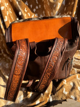 Load image into Gallery viewer, Cowhide Tooled Hatched Leather Backpack
