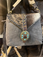 Load image into Gallery viewer, Turquoise Stone Cowhide Tooled Crossbody Purse
