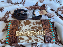 Load image into Gallery viewer, Turquoise Stitched Cowhide Tooled Leather Purse Wallet
