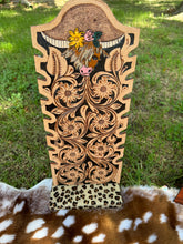 Load image into Gallery viewer, Highland Cow Tooled Sunflower Leopard Jewelry Display
